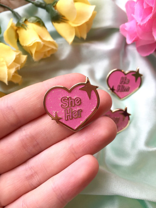 Sparkly Heart Pronoun Enamel Pins