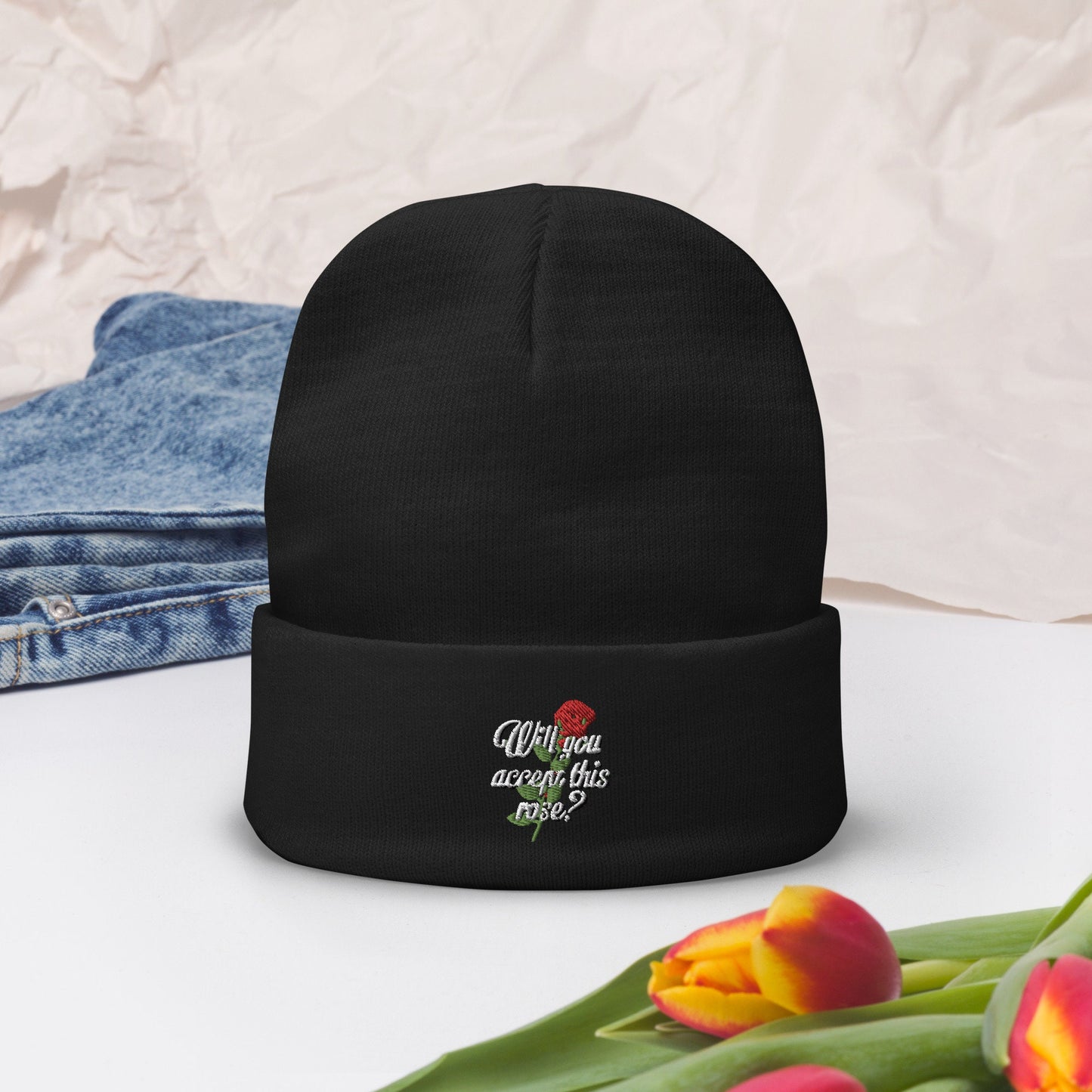 Will You Accept This Rose Embroidered Beanie