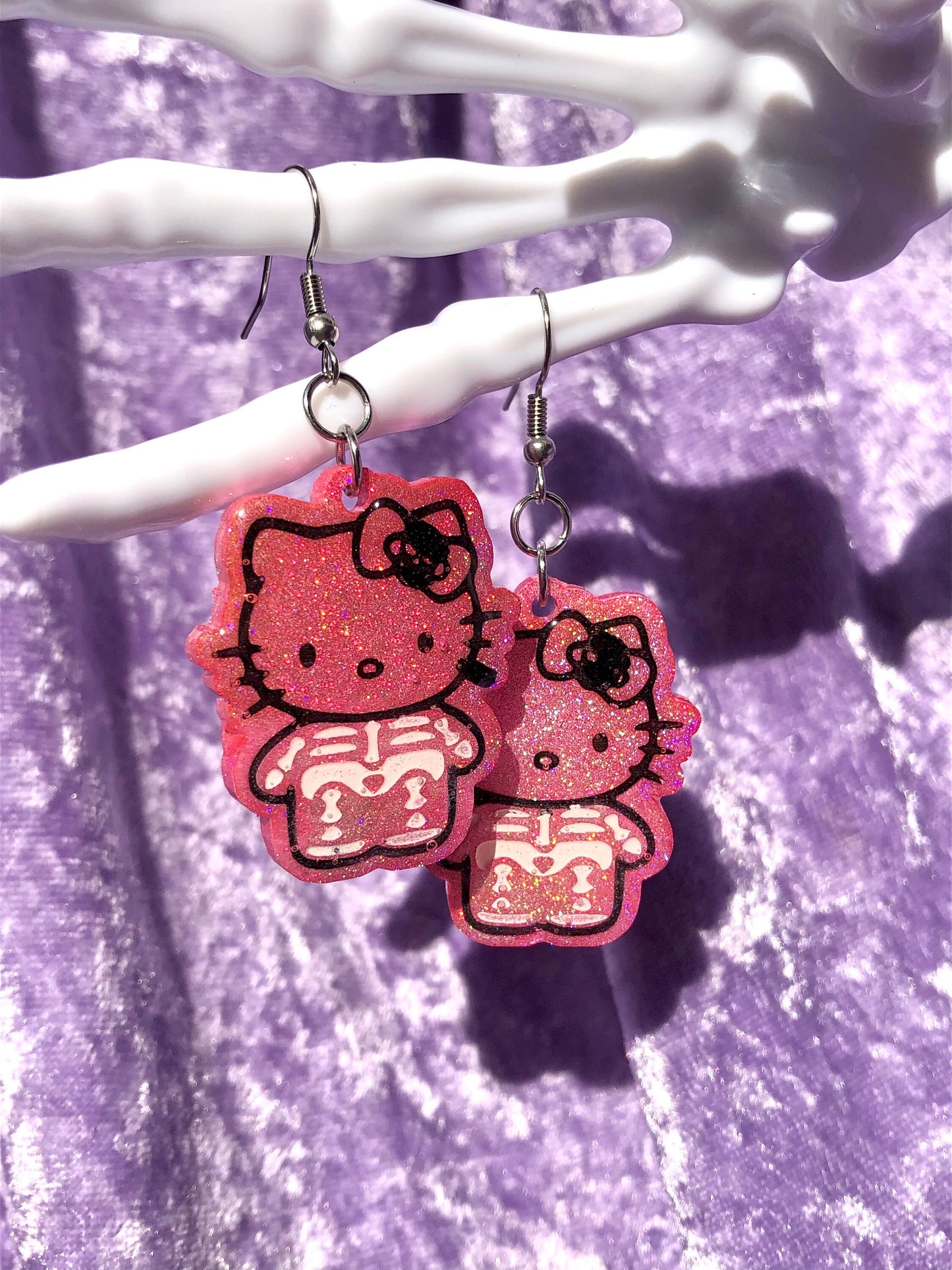 Skeleton Kitty Earrings - Pink Holo