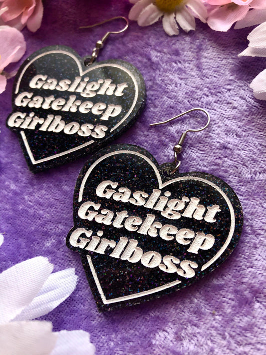 Gaslight Gatekeep Girlboss Earrings - Glitter Acrylic