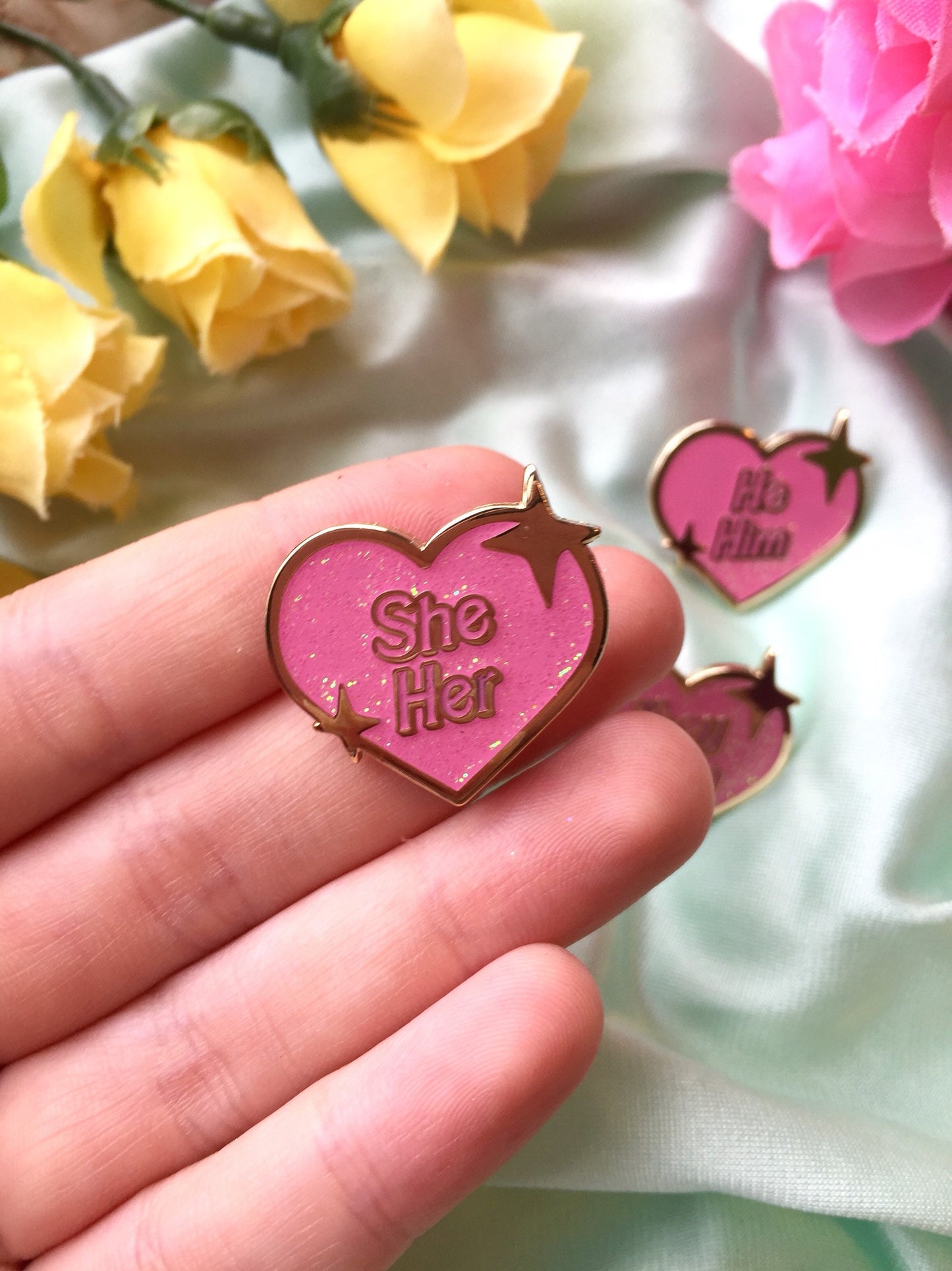 Sparkly Heart Pronoun Enamel Pins