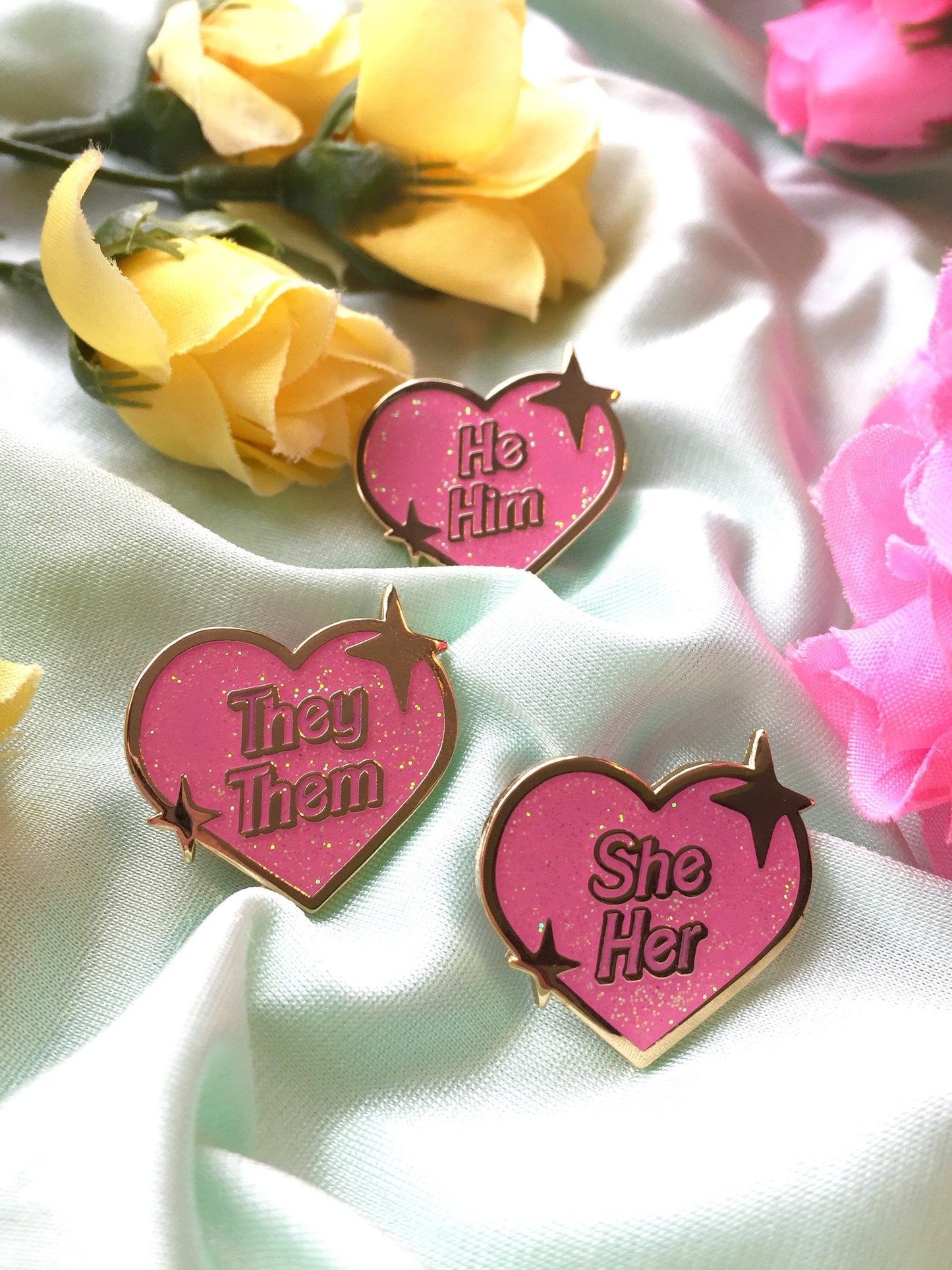 Sparkly Heart Pronoun Enamel Pins