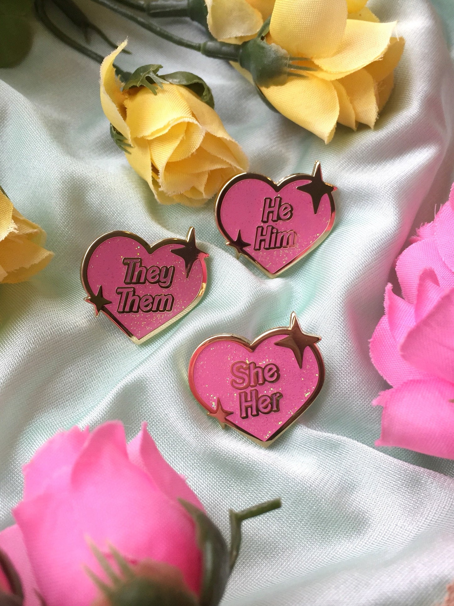 Sparkly Heart Pronoun Enamel Pins