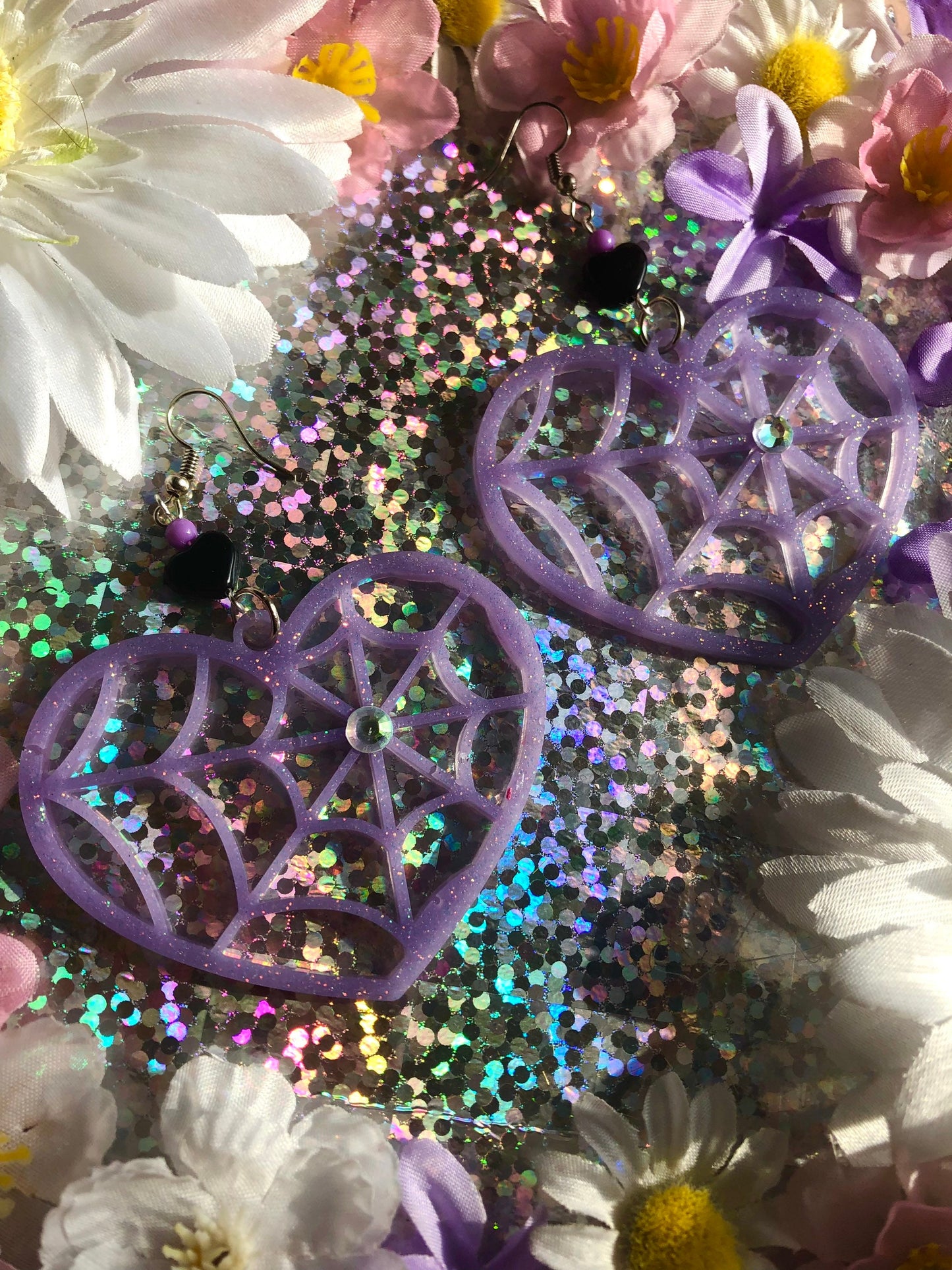 Spider Heart Earrings - Purple Glitter