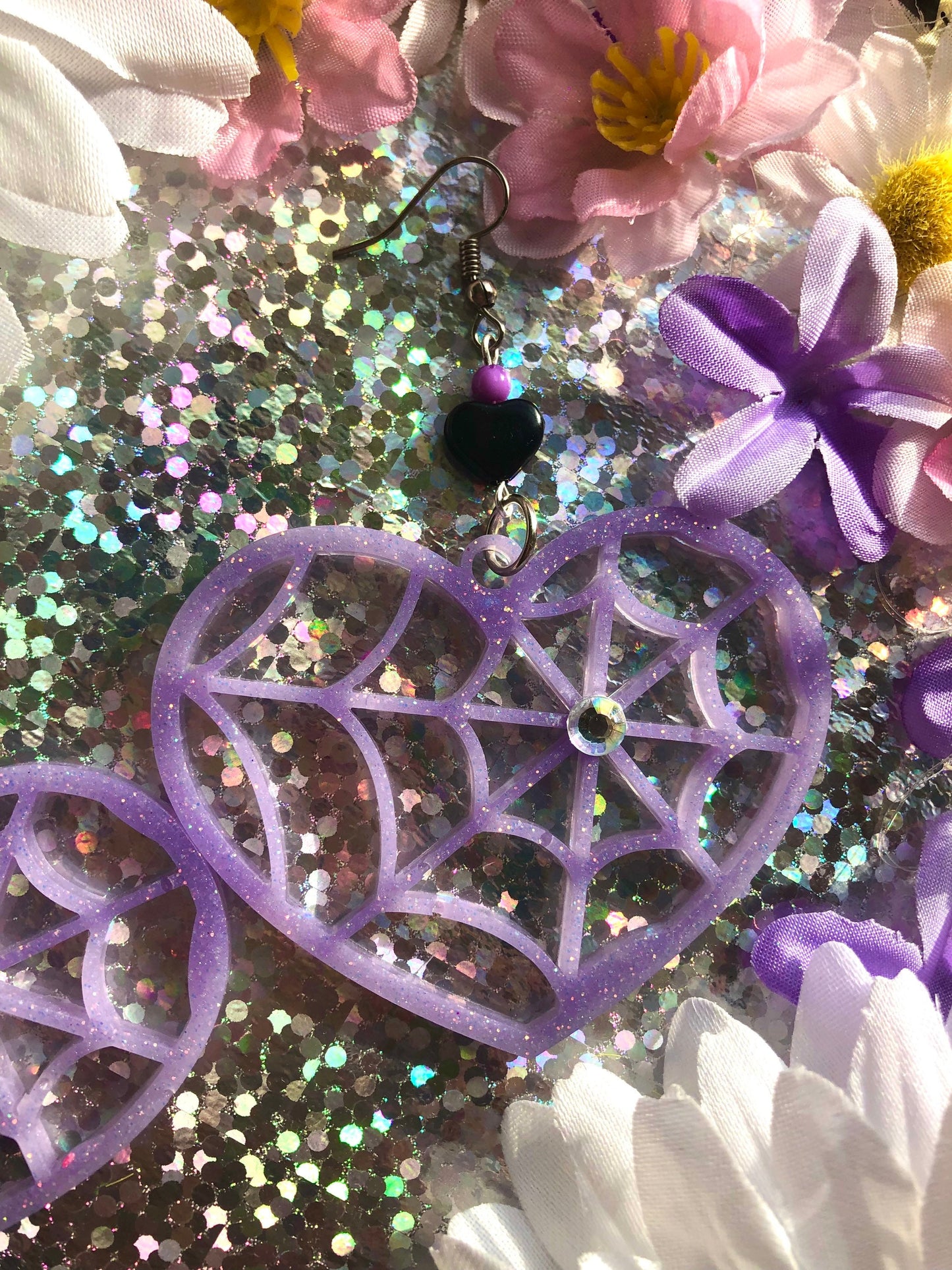 Spider Heart Earrings - Purple Glitter