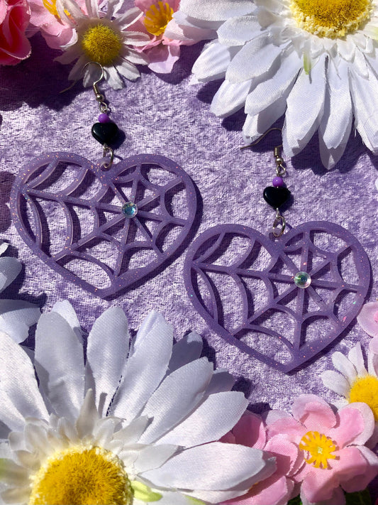Spider Heart Earrings - Purple Glitter