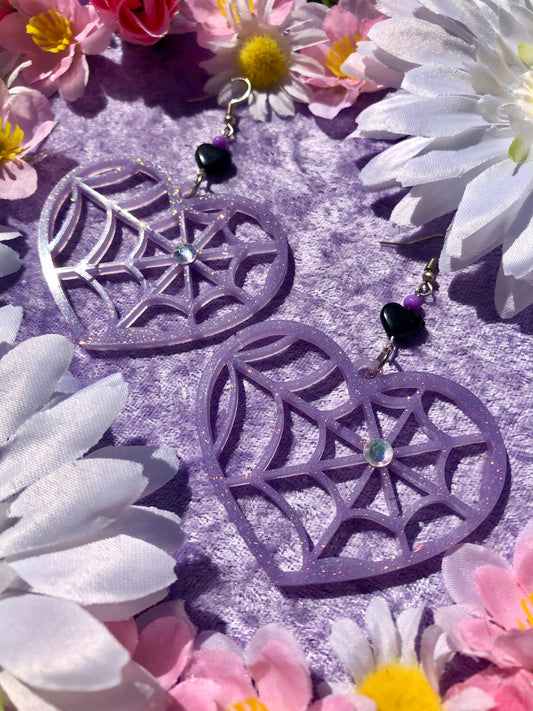Spider Heart Earrings - Purple Glitter