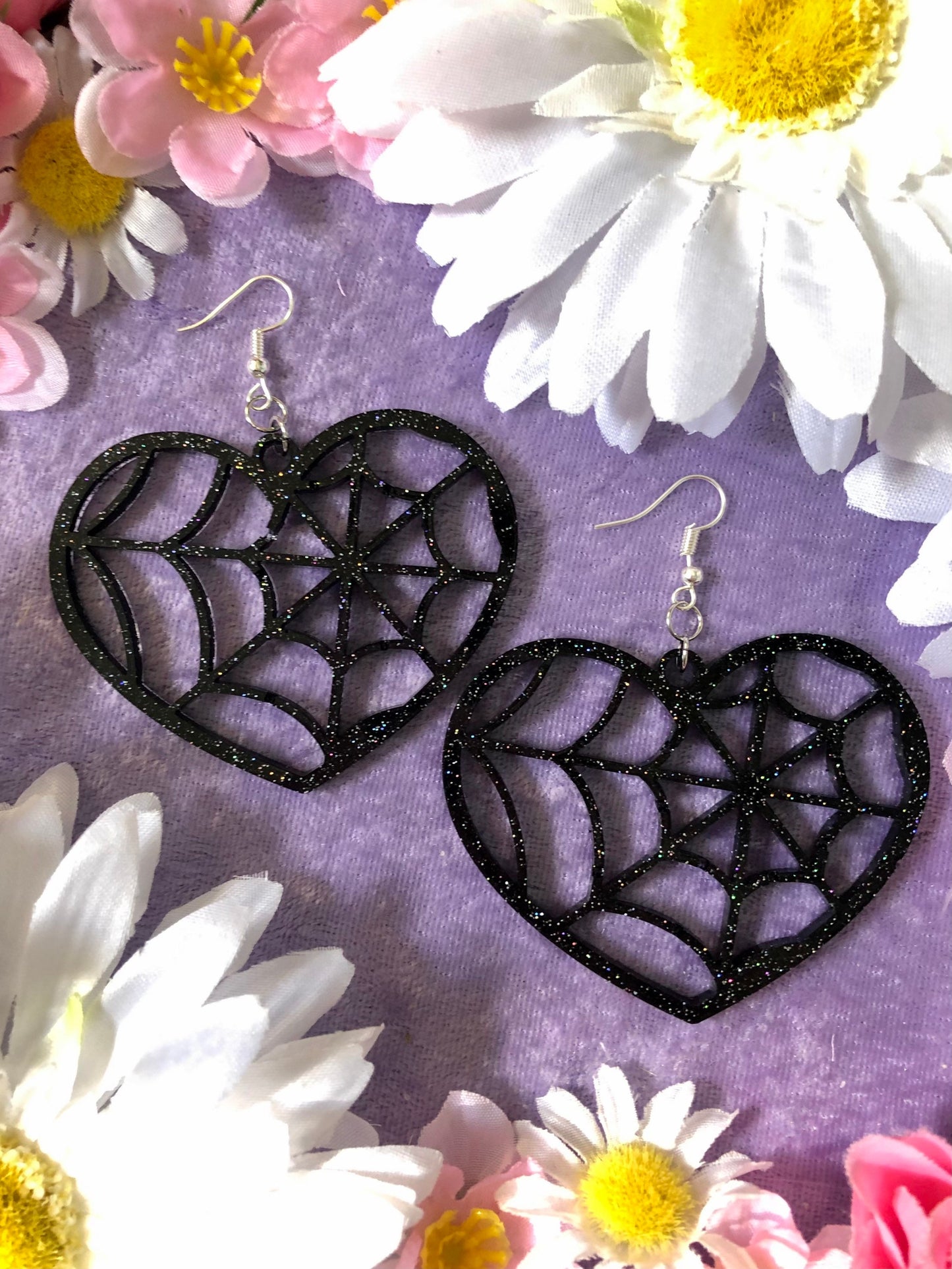 Spider Heart Earrings - Glittery Black