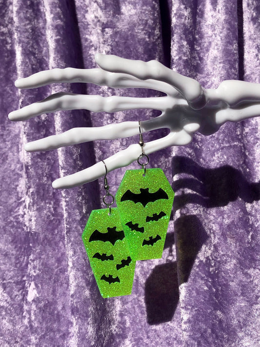 Bat Coffin Earrings - Green