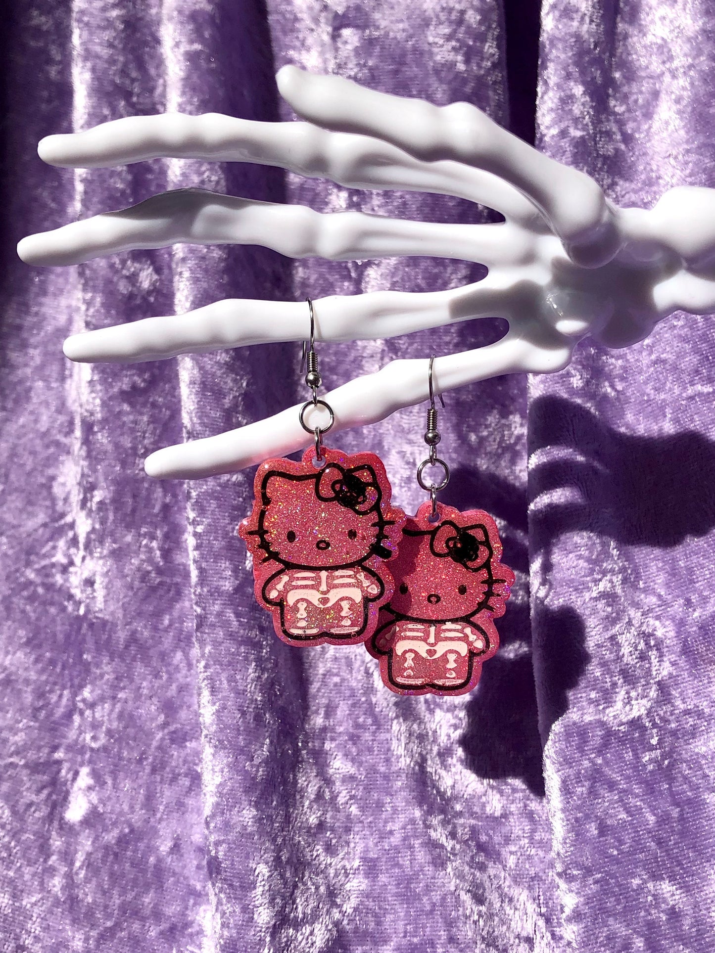 Skeleton Kitty Earrings - Pink Holo