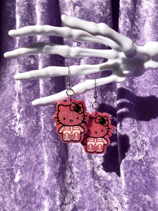 Skeleton Kitty Earrings - Pink Holo